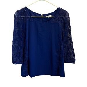 Under Skies Womens Royal Blue Lace 3/4 Sleeve Blouse Top Size L Exposed Zipper